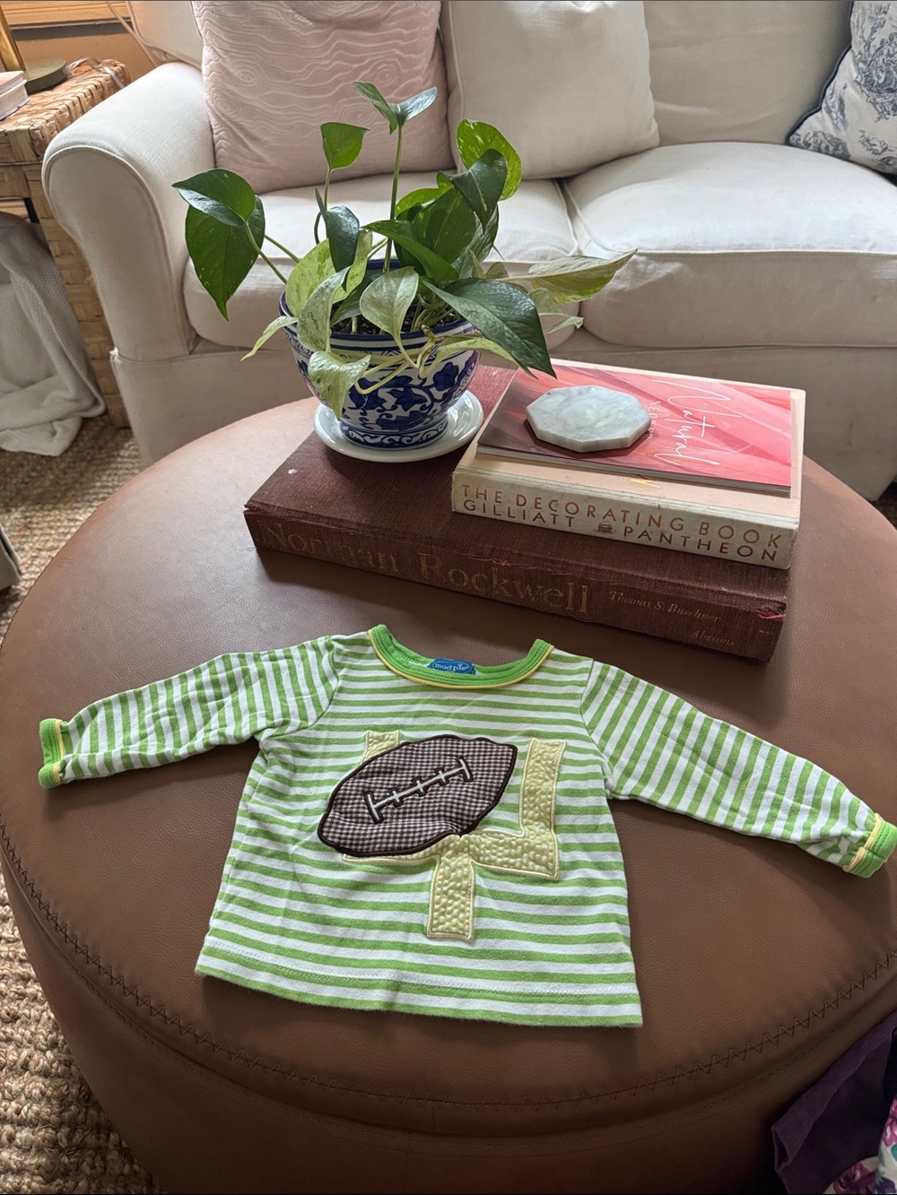 Mud Pie Green and White Striped Long-Sleeve Football Appliqué Tee